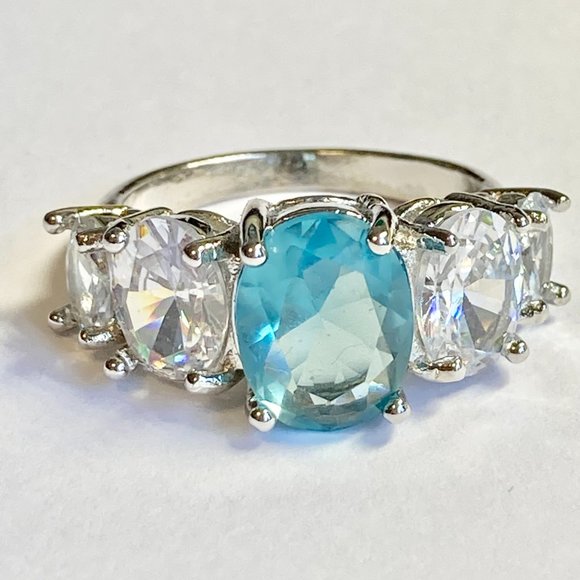 Silver Topaz Blue Cubic Zirconia Anniversary Ring Size 7 Plated Simulated - Picture 3 of 9